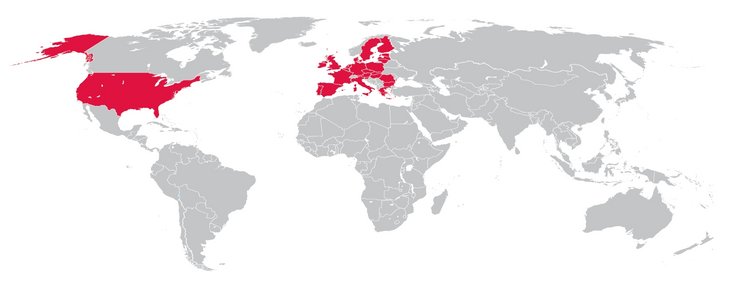 Abbildung 3: Grafische Darstellung der direkten Reichweite des TTIP-Abkommens (rote Länder)