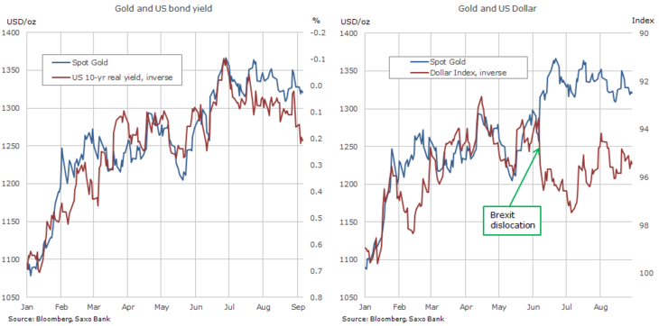 Gold and the US dollar and bonds [Source: Bloomberg, Saxo Bank]