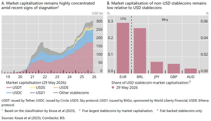 Abb. 09: Das Wachstum des Stablecoin-Marktes konzentriert sich stark auf wenige US-Dollar-gebundene Coins [Quelle: BIS (2026): Annual Economic Report, June 2026, Graph 2, S. 88]