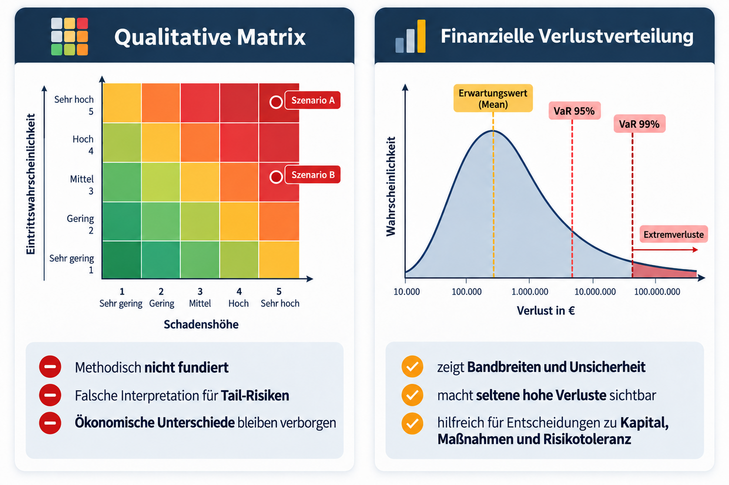 Abb. 03: Qualitative Matrix und probabilistische Verlustverteilung beantworten unterschiedliche Fragen [Eigene illustrative Darstellung; die Verlustwerte sind fiktiv. Zur wissenschaftlichen Kritik an Risikomatrizen siehe Cox (2008) und Gleißner/Romeike2011].