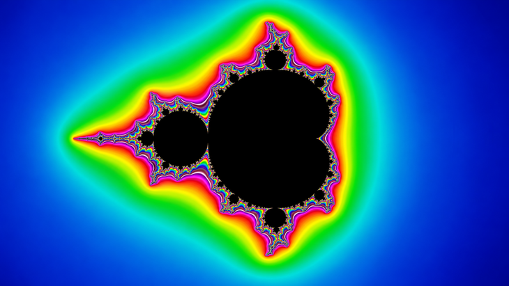 Abb. 01: Mandelbrotmenge: Die schwarze Fläche markiert die Punkte der Mandelbrot-Menge; die farbige Umgebung visualisiert die komplexe Randstruktur und macht die feine Selbstähnlichkeit des Fraktals sichtbar
