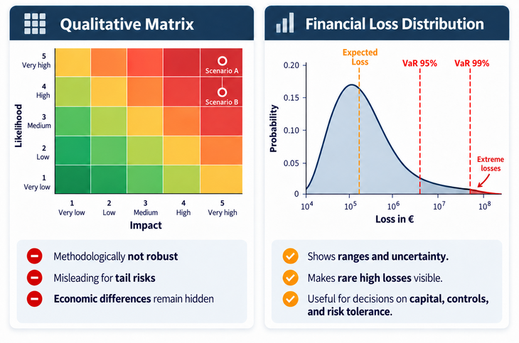 Fig. 03: A qualitative matrix and a probabilistic loss distribution answer different questions [Own illustrative representation; the loss values are fictional. For the academic critique of risk matrices, see Cox (2008) and Gleißner/Romeike (2011)]