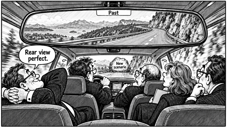 Perfect look back. Future blocked. Risk management in the rearview mirror. Perfect look back. Future blocked. Risk management in the rearview mirror.