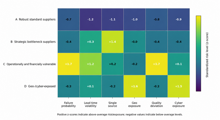 Fig. 03: Standardized risk profiles of the four clusters. Positive z-scores indicate above-average characteristics, while negative z-scores indicate below-average characteristics [Source: Author's own figure based on illustrative data]