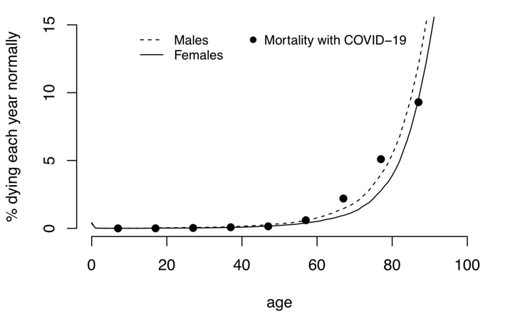 Abb. 03: Vergleich des Sterblichkeitsrisikos mit COVID-19 überlagert mit dem Risiko der "normalen" jährlichen Mortalität (linear skaliert). Die Grafik zeigt deutlicher die dramatische Zunahme des Mortalitätsrisikos mit dem Alter und das geringe Übersterblichkeitsrisiko für Menschen in der Altersdekade 60 und 70.